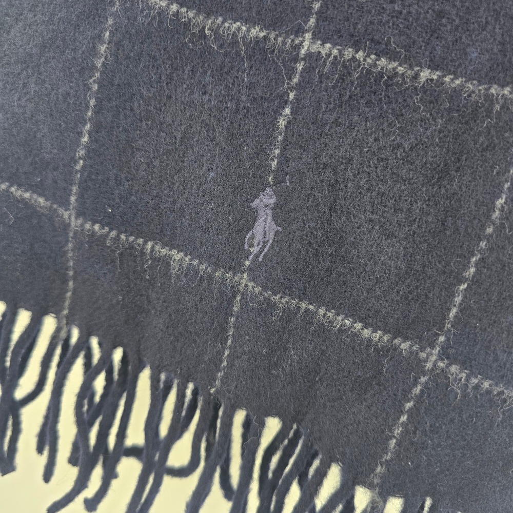 Polo Ralph Lauren Navy Blue Windowpane Plaid Fringed Scarf Made in Italy